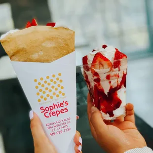 Strawberry and Whipped Cream Crepe + Strawberry Sundae