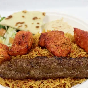 Chicken &amp; Beef Kofta Combination Kabob Plate with Upgraded Rice. YUMMM!!