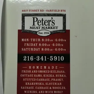 Peter's Meat Market address, hours and phone number.  This is  where SOPHIE'S CAFE is as well.