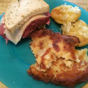 Potato pancake. Corned beef and pierogis.