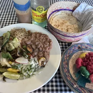 Sophie&apos;s Taco Plate with spicy homemade salsa. Tortillas are served separately and very delicious.