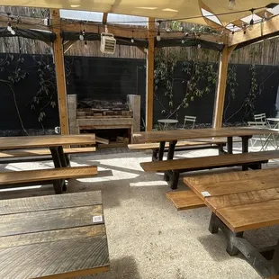 tables and benches under a canopy