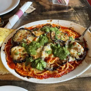 Eggplant Pasta with Marinara Sauce and pesto sauce