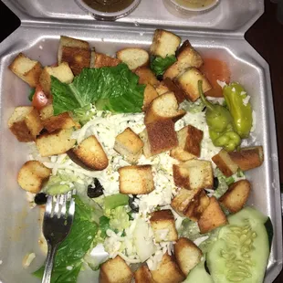 I love there Greek salad with house dressing and creamy Italian