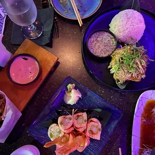 The spread: ebisu roll, lechon asada