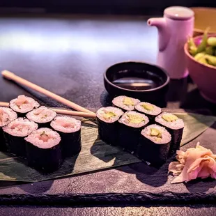 Negi Hama Maki and Avocado Roll with house made soy sauce and edamame!