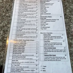 Sushi menu