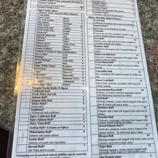 Sushi menu