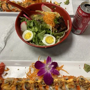 Godzilla roll, ramen, shrimp crunch roll