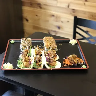 Bao buns, fried oysters, eel roll, shrimp tempura