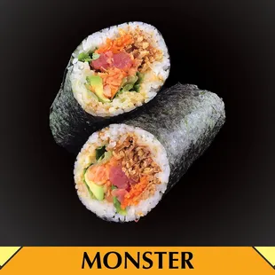 Sushi burrito. Tuna, shrimp, fried onion, avocado, cilantro, green leaf, pickled carrot, sushi sauce, sriracha.