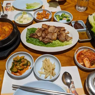Kimchi jigae and Samgyupsal(pork belly and ssam fixings)