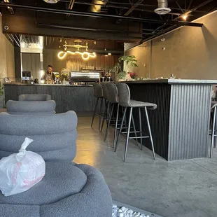 a restaurant with a bar and chairs