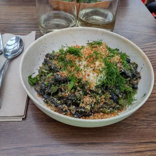 Squid ink pasta with purple broccoli, anchovies, garlic!!!! Heaven!