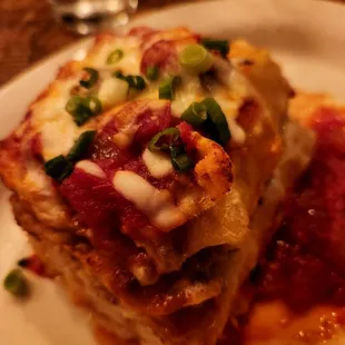 Lasagna with all the chopped green onions on top. Really?