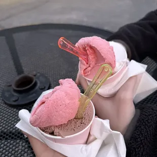 Strawberry sorbet with chocolate (left) and strawberry sorbet with lemon ginger sorbet (right)