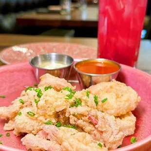 Fritto Misto.  Love the size of the shrimp!  The overall dish needs seasoning.  The lemon aioli is good.  The tomato sauce was so bland.
