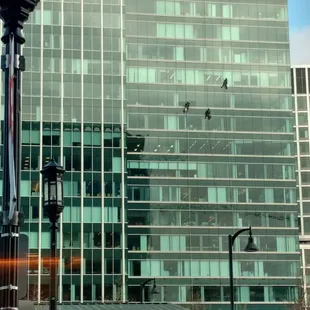 Having coffee watching the window washers across the street