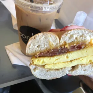 Bacon egg &amp; cheese on a plain bagel, Iced vanilla latte