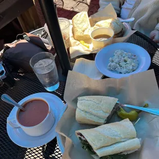 Roasted red pepper and tomato soup, Turkey cranberry on baguette, hot beef dip sandwhich (spicy!) and potato salad