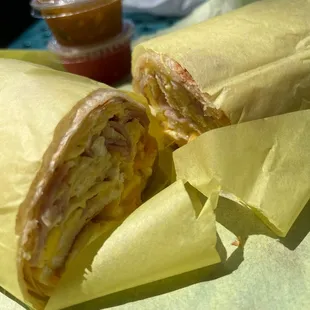 Breakfast burrito.  Ham, Egg and Cheese Burrito