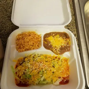 Cheese enchiladas, rice and beans ($5ish).