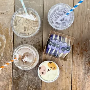 Iced chai, Iced taro and desserts cheesecake and lavender cake