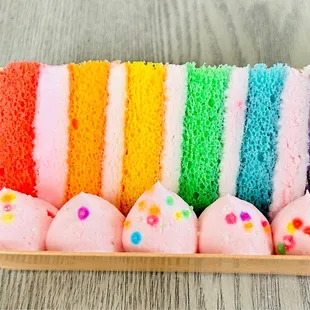 Cherry Blossom Rainbow Cake. Very pretty but not very flavorful. Mostly vanilla cake with whipped cream.