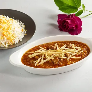 Split Chickpea Stew (Gheimeh)
Vegetarian option available. 
Optional eggplant.