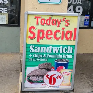 Sandwich special. The price isn&apos;t accurate. If you pay with card, it&apos;s $7.49. And no fountain drink, just a soda can.