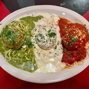The off-menu &quot;Bella Italia&quot; with pesto, Alfredo, and marinara sauces and three meatballs