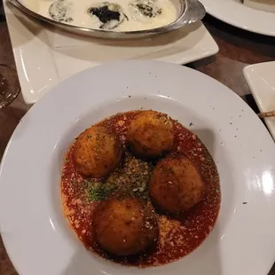 Arancini and Gorganzola Spinach Stuffed Mushrooms in a Gorganzola Cream Sauce