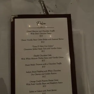 Dessert menu