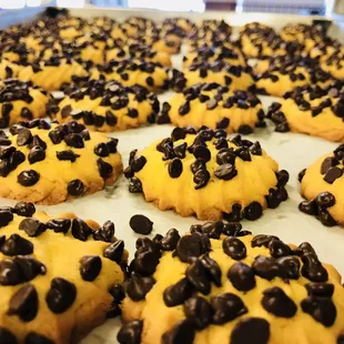 a tray of chocolate chip cookies