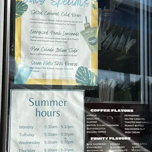 a menu for the summer hours