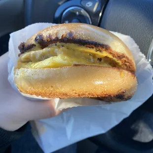 Breakfast bagel sausage sandwich