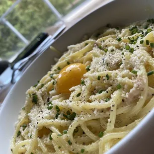 Spaghetti Carbonara Oh My! You have to try this. So rich! The egg yolk makes all the difference.