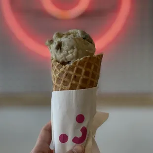 Waffle cone with Brown Sugar Milk Tea with Boba and Ube Honeycomb on the bottom