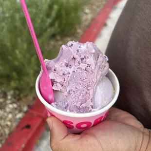 Ube honeycomb on the bottom and lavender honey on top. Great scoops!
