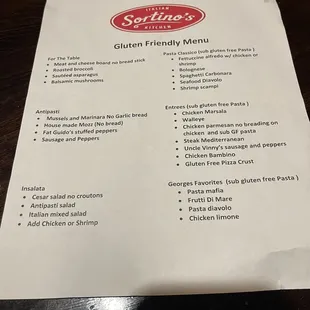 Gluten free menu at Sortino's