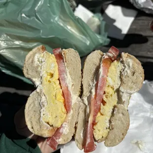 egg bagel with tomato, egg, herb cream cheese