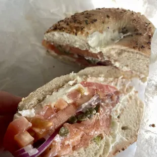 Everything bagel, toasted, lox, scallion cream cheese, tomatoes, capers onions