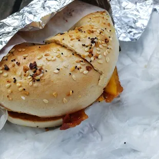 Bacon egg and cheese everything bagel ($5.45)