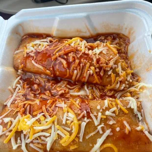 Cheese enchiladas. Good sauce, but the cheese was not melted inside nor on top.
