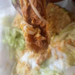 Inside shredded chicken taco