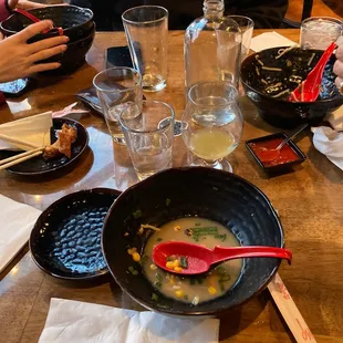 Empty happy hour bowls. Good noodle bowls, great see!  Katsu Ramen Hostile Takeover