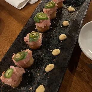 Crispy rice with tuna, enjoy that you can choose which fish! Super cute and mini not too filling though