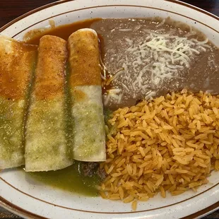 Enchiladas Fiesta with both red &amp; green sauces