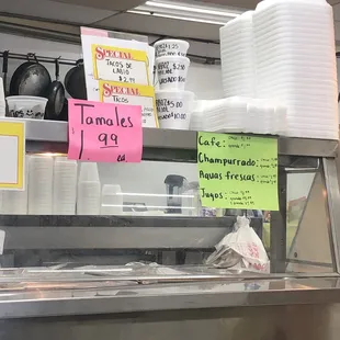 Tamales 1.99 each. Cafe, champurrado, aguas frescas y jugos naturales