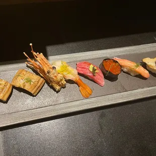 Anago, ama ebi, kama toro, kani, giant clam liver